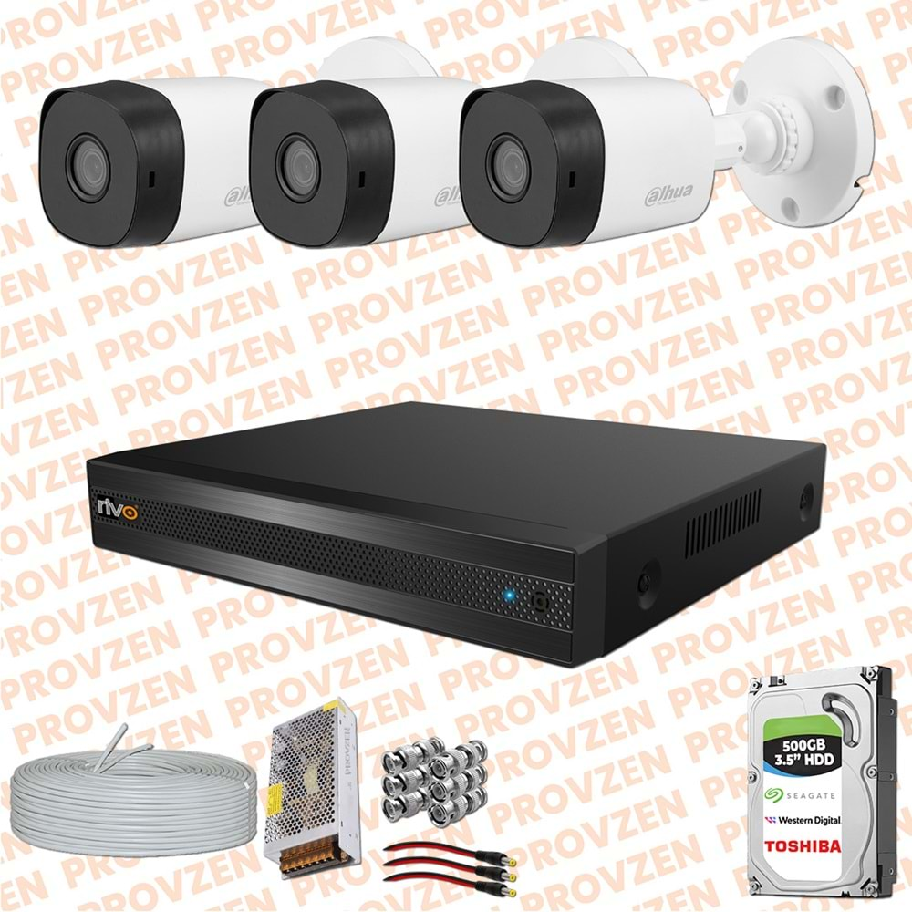 PROVZEN RV DAHUA 3 KAMERA FULLHD GÜVENLİK KAMERASI SET 500GB HDD