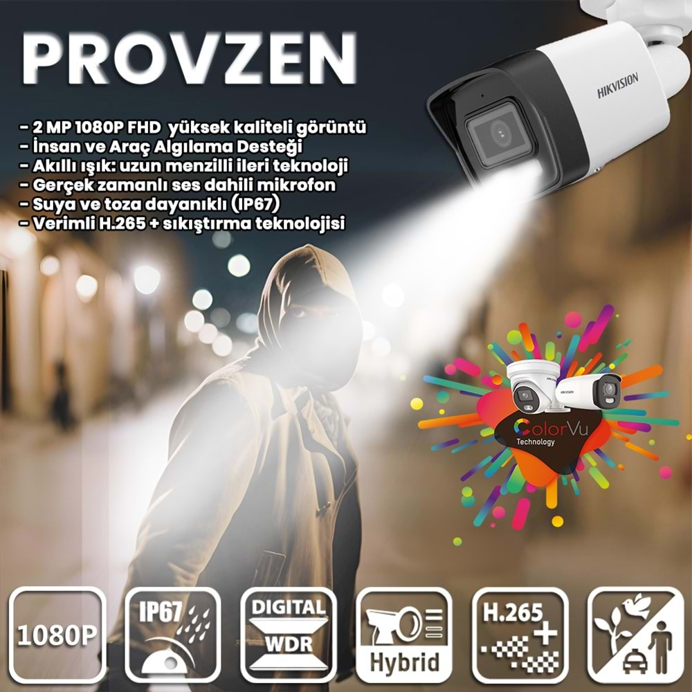 PROVZEN HIKVISION İP 2 KAMERALI SET 1080P COLORVU MİKROFONLU