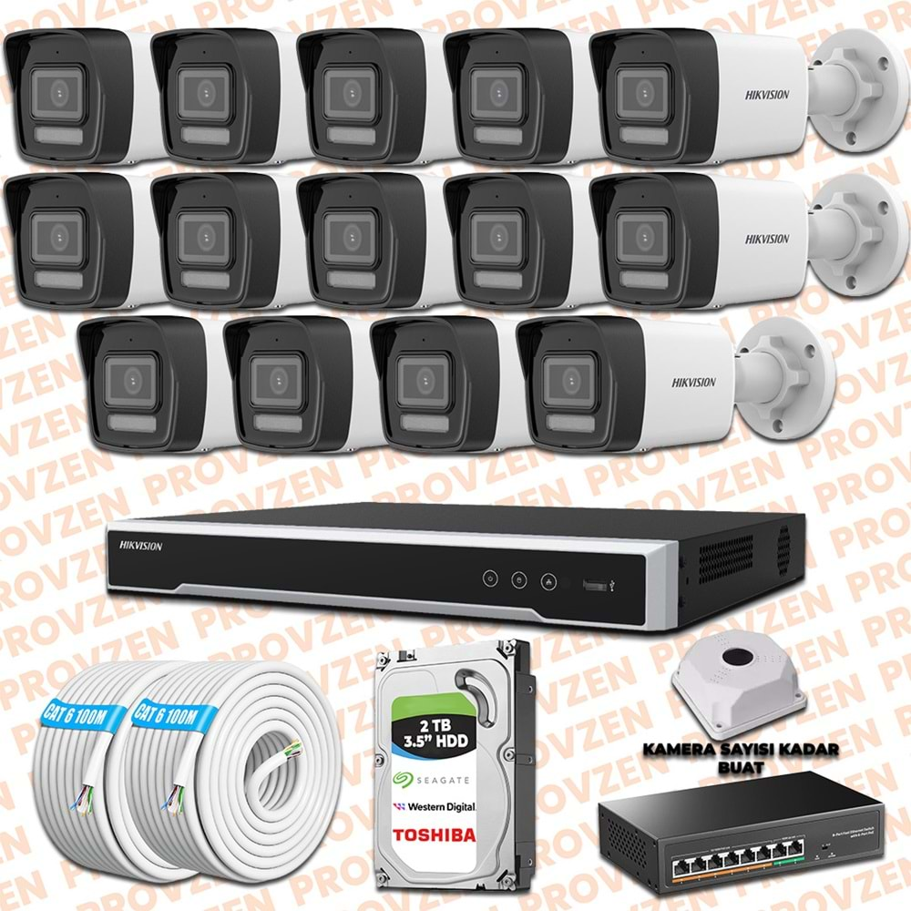 PROVZEN HIKVISION 14 İP KAMERALI 4MP HİBRİT COLORVU KAMERA SETİ