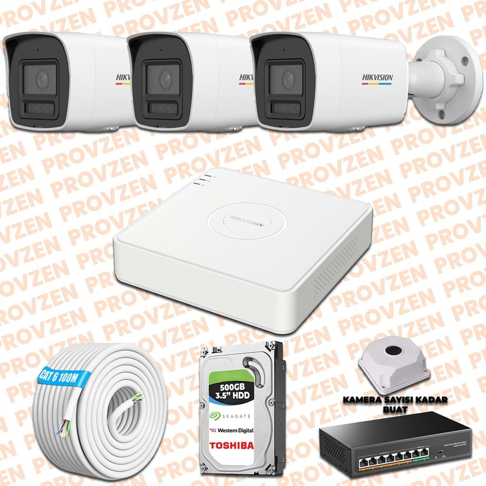 PROVZEN HIKVISION 3 İP KAMERALI COLORVU HİBRİT GÜVENLİK KAMERASI