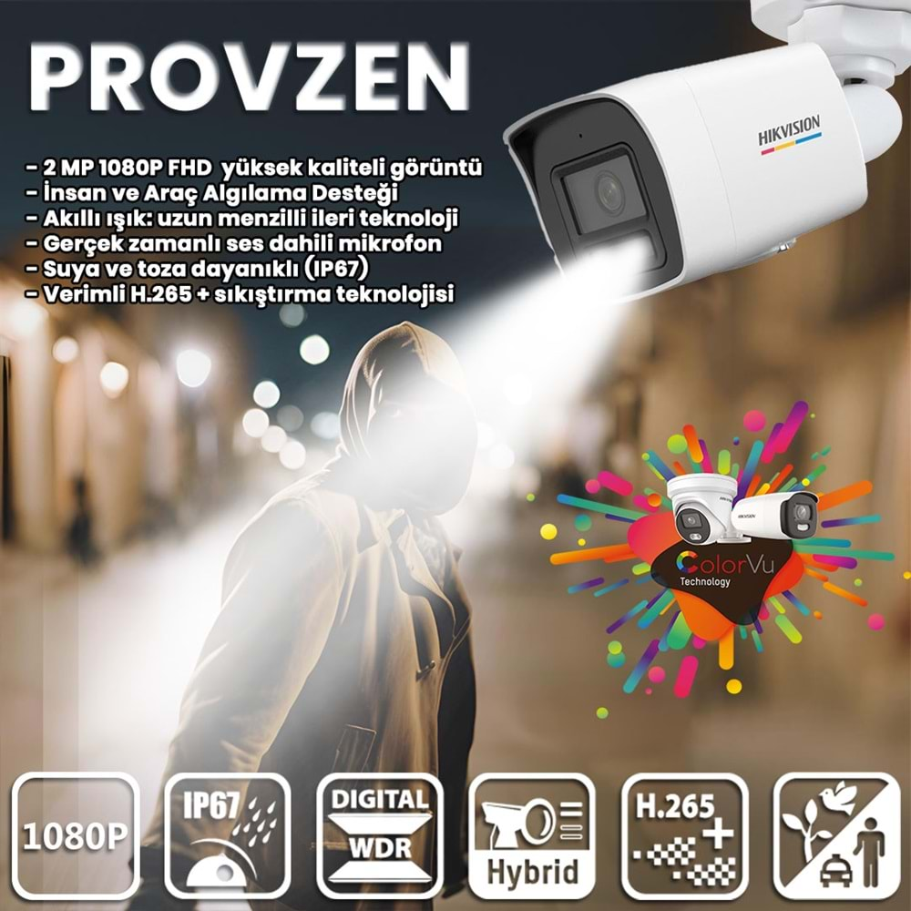 PROVZEN HIKVISION 5 İP KAMERALI COLORVU HİBRİT GÜVENLİK KAMERASI