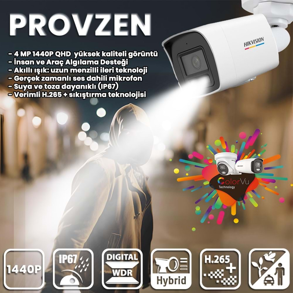 PROVZEN HIKVISION 1 İP GÜVENLİK KAMERASI SETİ 4MP COLORVU HİBRİT