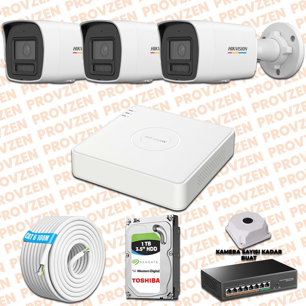 PROVZEN HIKVISION 3 İP GÜVENLİK KAMERASI SETİ 4MP COLORVU HİBRİT