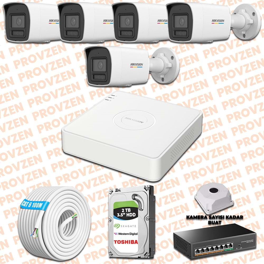 PROVZEN HIKVISION 5 İP GÜVENLİK KAMERASI SETİ 4MP COLORVU HİBRİT