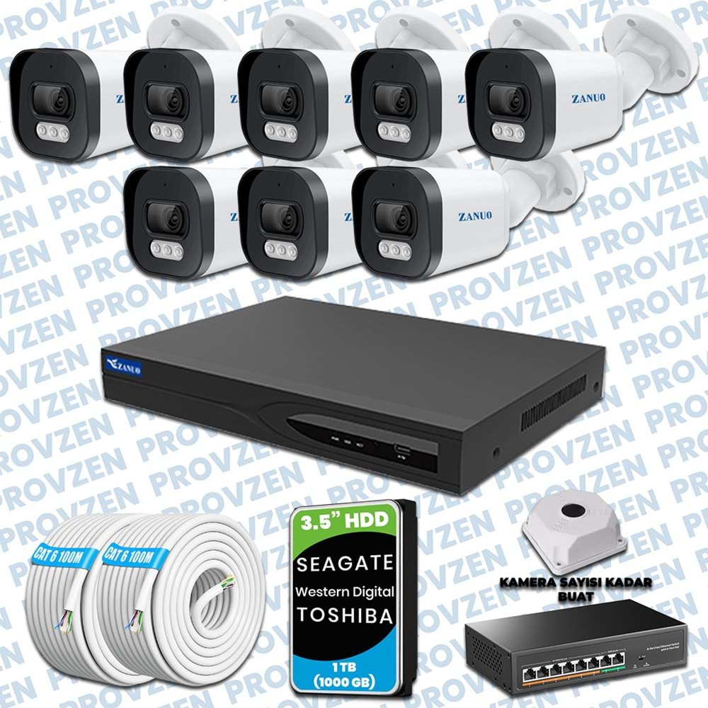 PROVZEN ZANUO 8 KAMERALI İP KAMERA SETİ 1080P MİKROFONLU