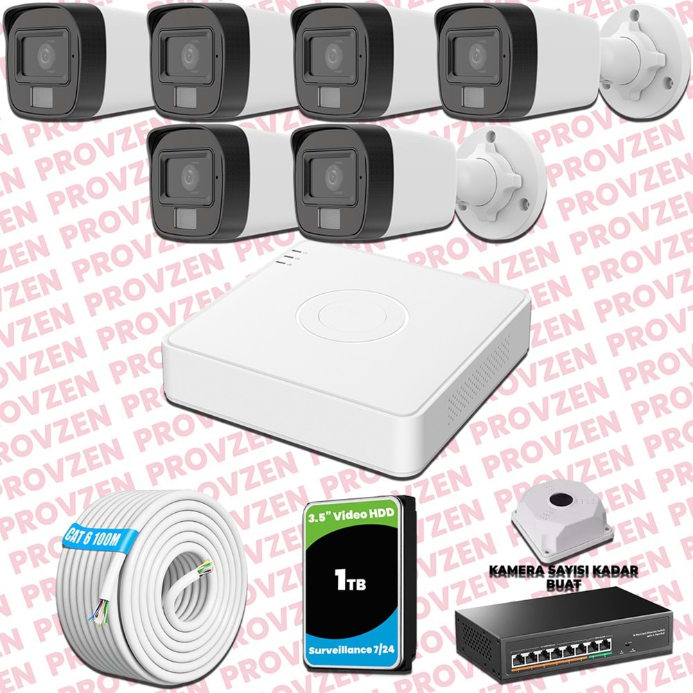 Provzen Hikvision 6 Kameralı IP Set Renkli Gece Görüşlü Mikrofonlu 2MP