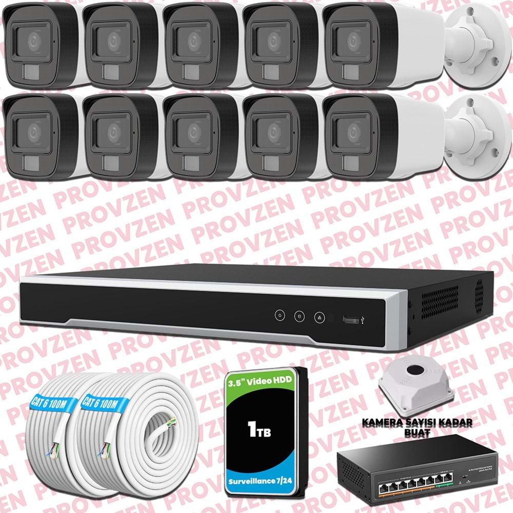 Provzen Hikvision 10 Kameralı IP Set Renkli Gece Görüşlü Mikrofonlu 2MP
