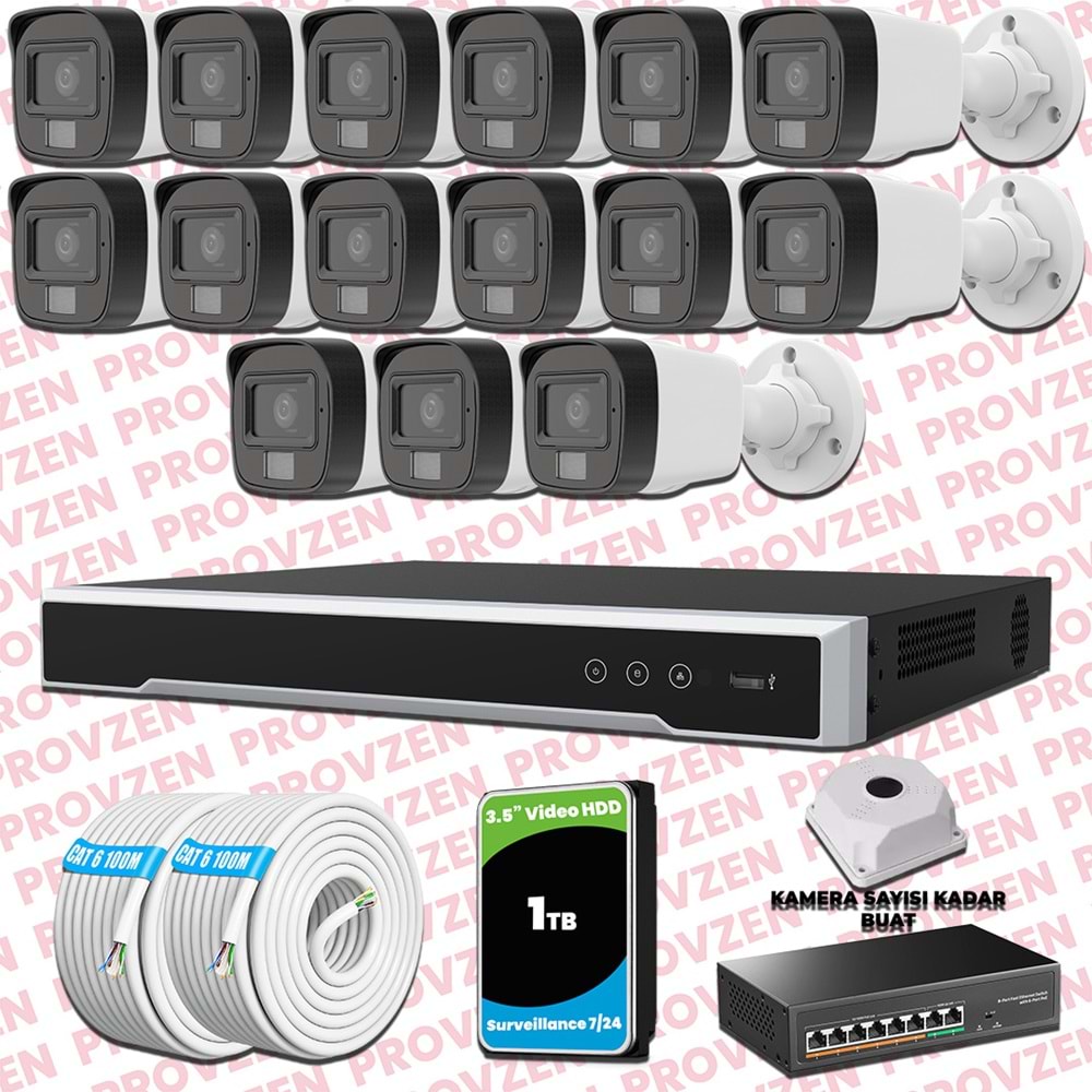 Provzen Hikvision 15 Kameralı IP Set Renkli Gece Görüşlü Mikrofonlu 2MP