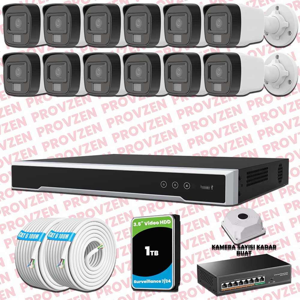 Provzen Hikvision 12 Kameralı IP Set Renkli Gece Görüşlü Mikrofonlu 2MP