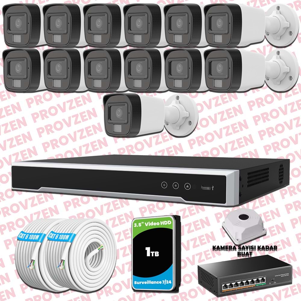 Provzen Hikvision 13 Kameralı IP Set Renkli Gece Görüşlü Mikrofonlu 2MP