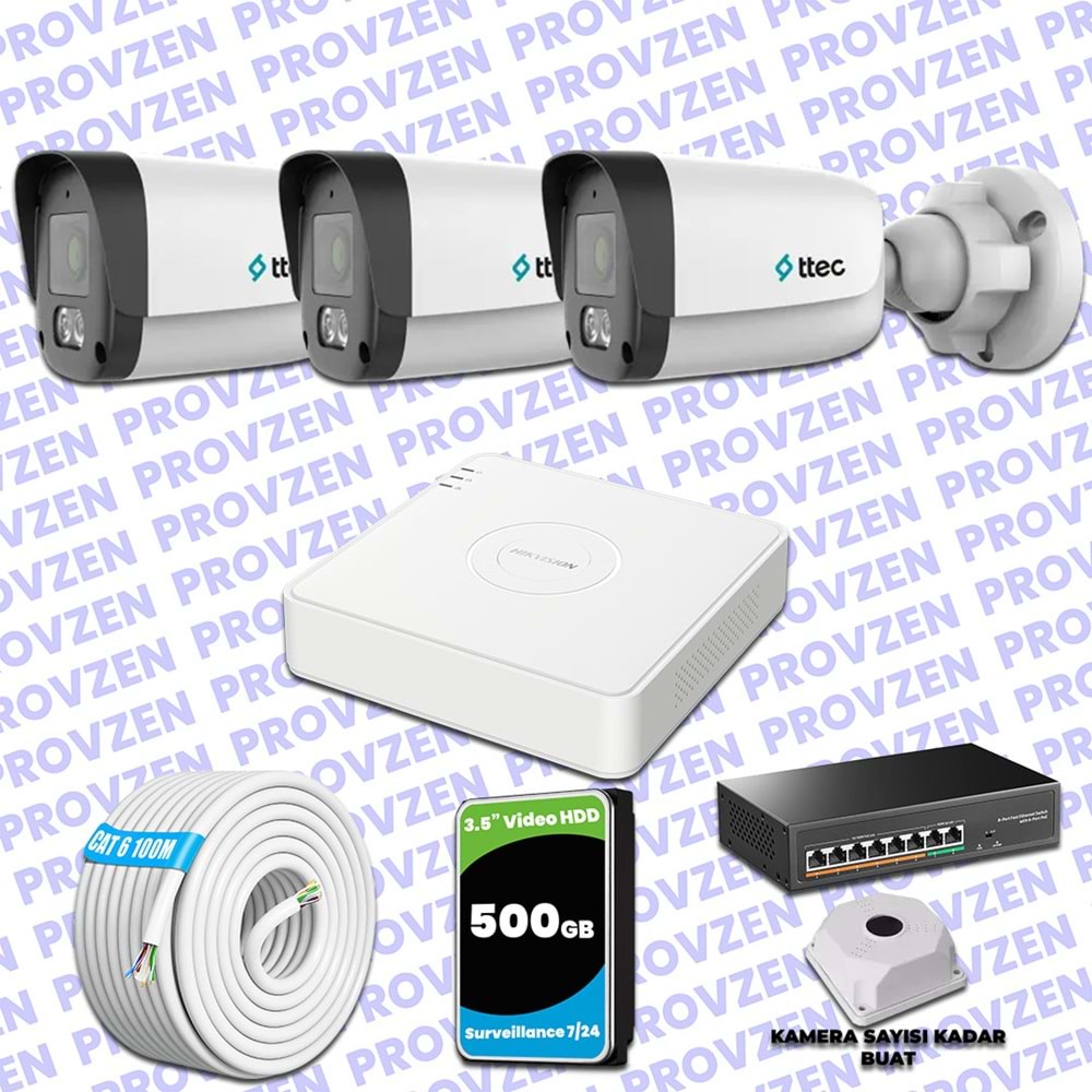 Provzen TTec Hikvision 3 Kameralı IP Full HD Mikrofonlu Güvenlik Kamerası