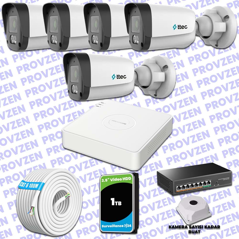 Provzen TTec Hikvision 5 Kameralı IP Full HD Mikrofonlu Güvenlik Kamerası