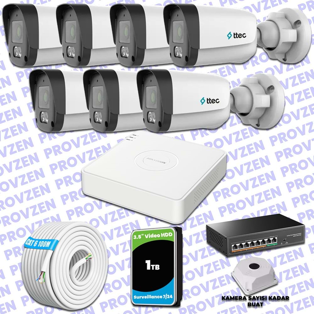 Provzen TTec Hikvision 7 Kameralı IP Full HD Mikrofonlu Güvenlik Kamerası
