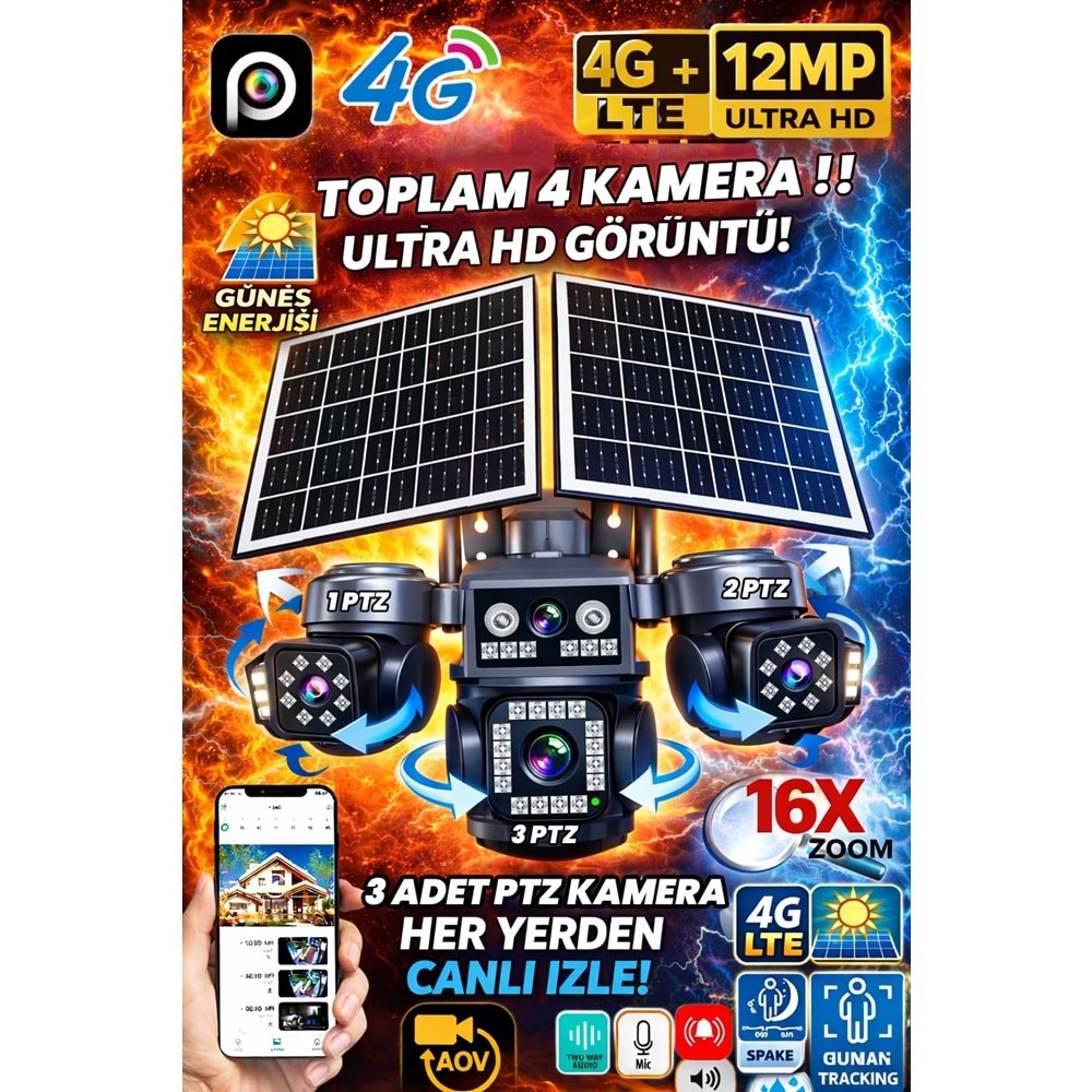 Provzen FX-A446 4 Kameralı (3 PTZ + 1 Sabit) 12MP 4G SIM Kartlı Güneş Enerjili Akıllı Güvenlik Kamerası | Full Color Gece Görüş + AOV Kayıt