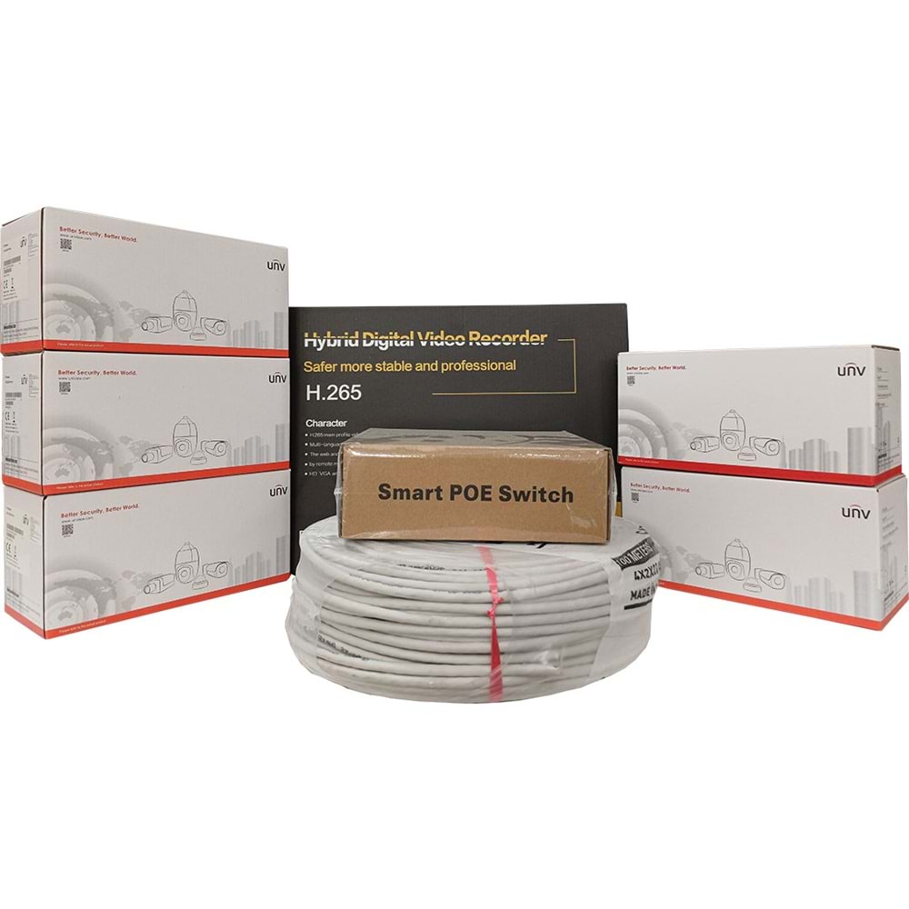 UNV 5'li İP Güvenlik Kamerası Seti, Uzaktan İzleme, Gece Görüş, FullHD