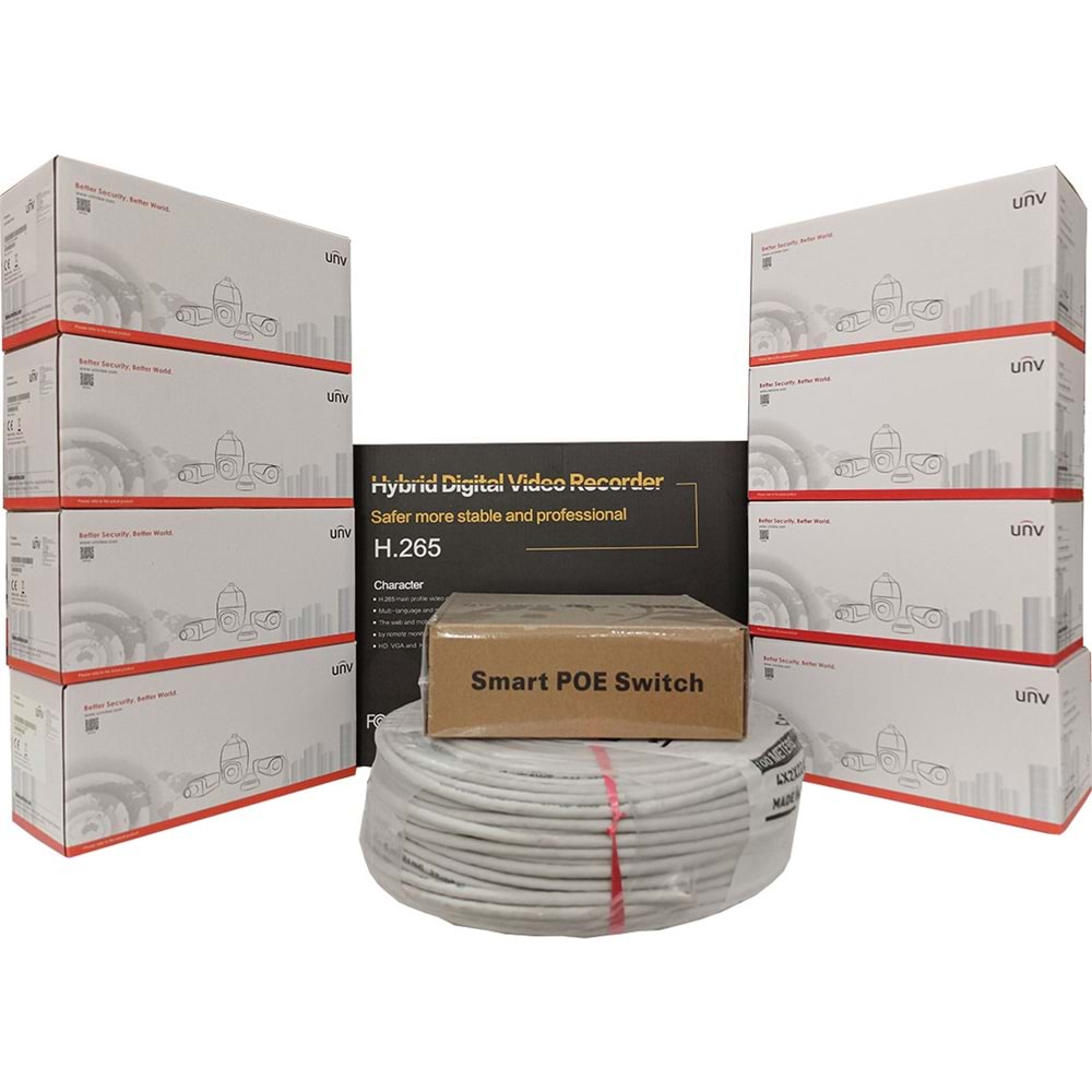 UNV 8'li İP Güvenlik Kamerası Seti, Uzaktan İzleme, Gece Görüş, FullHD