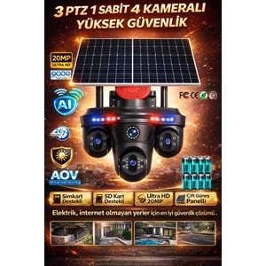 Provzen FX-6015 4 Kameralı (3 PTZ + 1 Sabit) 20MP 4G SIM Kartlı Güneş Enerjili Akıllı Güvenlik Kamerası | Full Color Gece Görüş + AOV Kayıt