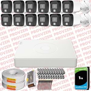 Provzen Hikvision 12 Kamera Hibrit ColorVu Full HD Güvenlik Kamera Olay Anında bildirim