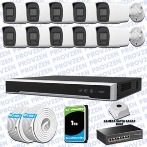 Provzen Hikvision Hibrit IP ColorVu 10 Kameralı Güvenlik Kamerası Mikrofonlu Olay Anında bildirim