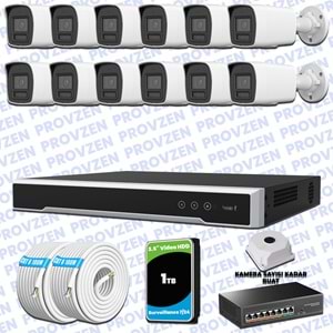 Provzen Hikvision Hibrit IP ColorVu 12 Kameralı Güvenlik Kamerası Mikrofonlu Olay Anında bildirim