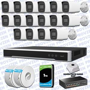 Provzen Hikvision Hibrit IP ColorVu 16 Kameralı Güvenlik Kamerası Mikrofonlu Olay Anında bildirim