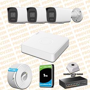 Provzen Hikvision 3 Kameralı 4MP IP Hibrit ColorVu Güvenlik Kamerası Mikrofonlu Olay Anında bildirim