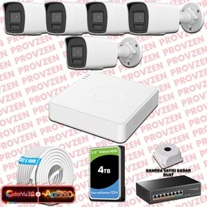 Provzen Hikvision 5 Kameralı 6MP IP ColorVu 3.0 Güvenlik Sistemi AI İnsan Araç Algılama Çift Yönlü Ses ve Işıklı Alarm