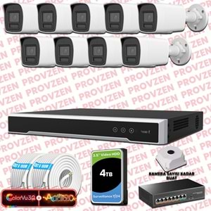 Provzen Hikvision 9 Kameralı 6MP IP ColorVu 3.0 Güvenlik Sistemi AI İnsan Araç Algılama Çift Yönlü Ses ve Işıklı Alarm