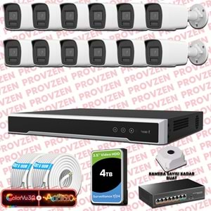 Provzen Hikvision 12 Kameralı 6MP IP ColorVu 3.0 Güvenlik Sistemi AI İnsan Araç Algılama Çift Yönlü Ses ve Işıklı Alarm