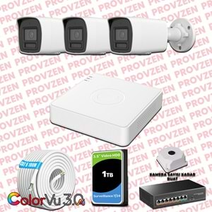 Provzen Hikvision 3 Kameralı 4MP IP ColorVu 3.0 Güvenlik Sistemi AI İnsan Araç Algılama Mikrofon ve Işıklı Alarm