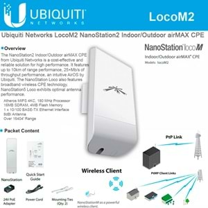 UBIQUITI NanoStation LocoM2 2.4GHz Indoor/Outdoor airMax 8dBi CPE 150Mbps POE ACCESS POINT