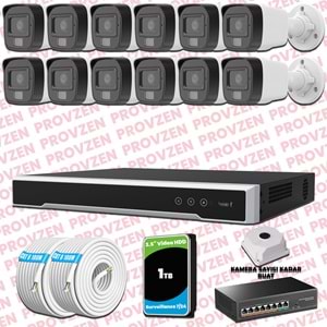 Provzen Hikvision 12 Kameralı IP Set Renkli Gece Görüşlü Mikrofonlu 2MP