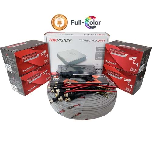 Hikvision 4’lü Full HD Güvenlik Kamerası Seti Mikrofonlu, Renkli Gece Görüşlü, Olay Anında Bildirim