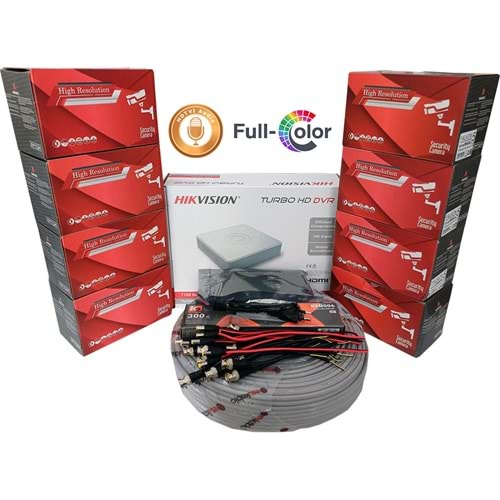 Hikvision 8'li Full HD Güvenlik Kamerası Seti Mikrofonlu, Renkli Gece Görüşlü, Olay Anında Bildirim