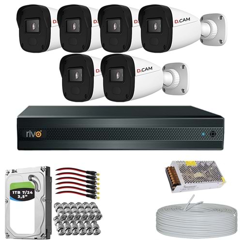 RİVO Dcam 6 Kameralı 40 Metre Gece Görüşlü Set 1TB 7/24 Hdd
