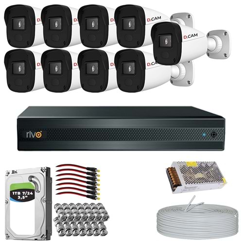 RİVO Dcam 9 Kameralı 40 Metre Gece Görüşlü Set 1TB 7/24 Hdd
