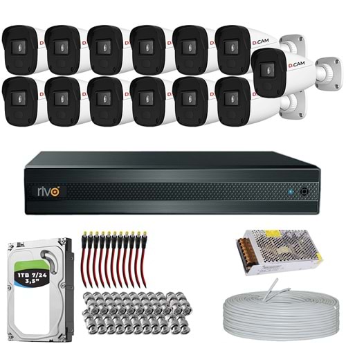 RİVO Dcam 13 Kameralı 40 Metre Gece Görüşlü Set 1TB 7/24 Hdd
