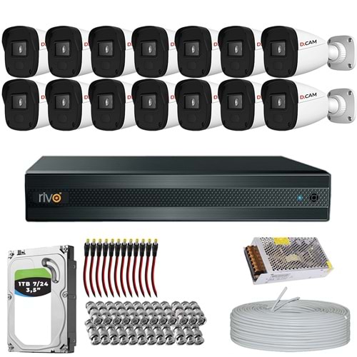 RİVO Dcam 14 Kameralı 40 Metre Gece Görüşlü Set 1TB 7/24 Hdd
