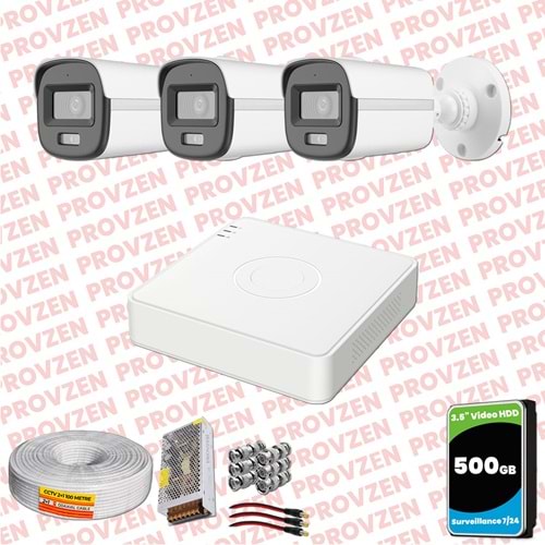 Provzen Hikvision ColorVu Full HD 3 Kameralı Gece Renkli Güvenlik Kamerası Olay Anında bildirim