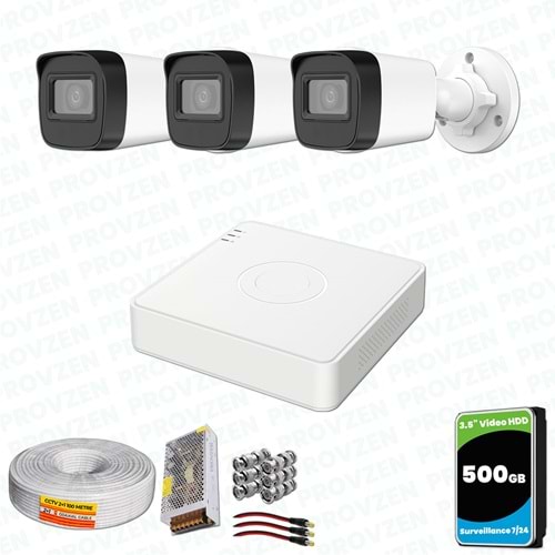 Provzen Hikvision 3 Kameralı Full HD Geniş Açı Güvenlik Kamerası 500GB Olay Anında bildirim