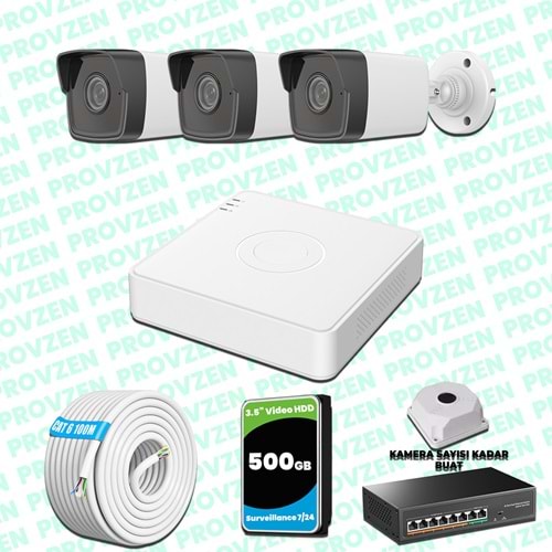 Provzen Hikvision 3 Kameralı IP 1080P Mikrofonlu Güvenlik Kamerası Olay Anında bildirim