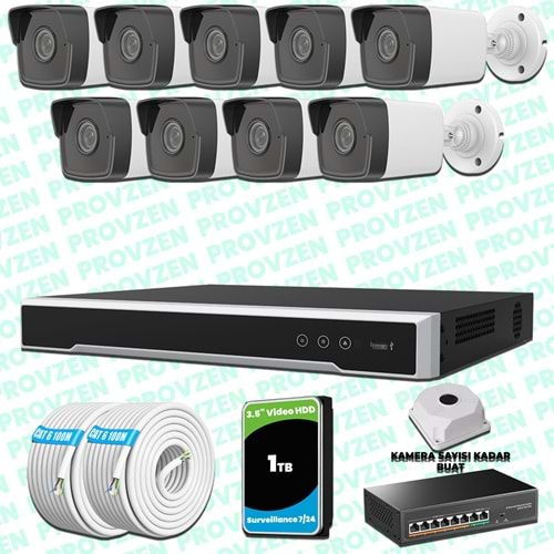 Provzen Hikvision 9 Kameralı IP 1080P Mikrofonlu Güvenlik Kamerası Olay Anında bildirim