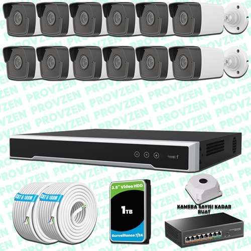 Provzen Hikvision 12 Kameralı IP 1080P Mikrofonlu Güvenlik Kamerası Olay Anında bildirim