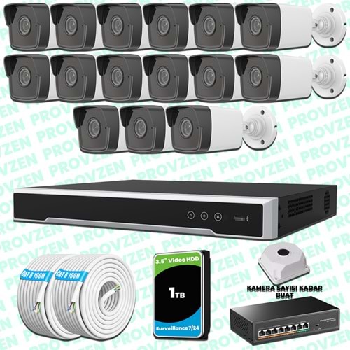 Provzen Hikvision 15 Kameralı IP 1080P Mikrofonlu Güvenlik Kamerası Olay Anında bildirim
