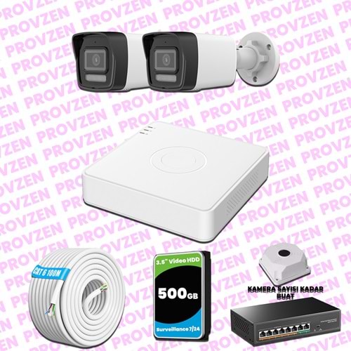 Provzen Hikvision 2 Kameralı IP 1080P ColorVu Güvenlik Kamerası Mikrofonlu Olay Anında bildirim