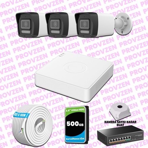 Provzen Hikvision 3 Kameralı IP 1080P ColorVu Güvenlik Kamerası Mikrofonlu Olay Anında bildirim