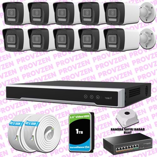 Provzen Hikvision 10 Kameralı IP 1080P ColorVu Güvenlik Kamerası Mikrofonlu Olay Anında bildirim