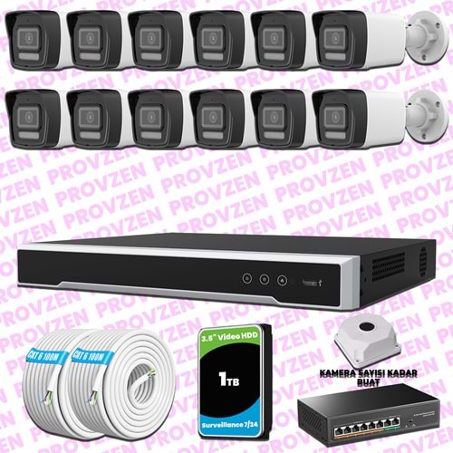 Provzen Hikvision 12 Kameralı IP 1080P ColorVu Güvenlik Kamerası Mikrofonlu Olay Anında bildirim