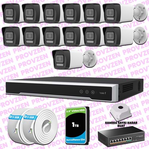 Provzen Hikvision 13 Kameralı IP 1080P ColorVu Güvenlik Kamerası Mikrofonlu Olay Anında bildirim