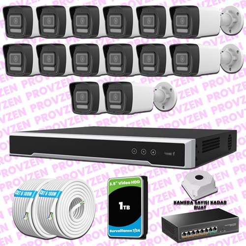 Provzen Hikvision 14 Kameralı IP 1080P ColorVu Güvenlik Kamerası Mikrofonlu Olay Anında bildirim